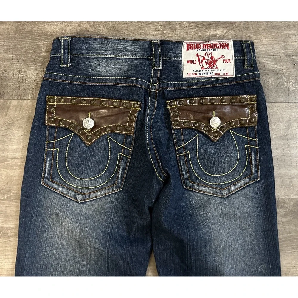 TRUE RELIGION Women's JOEY SUPER T BOOTCUT Jeans Leather Studded Flap Pockets 32
